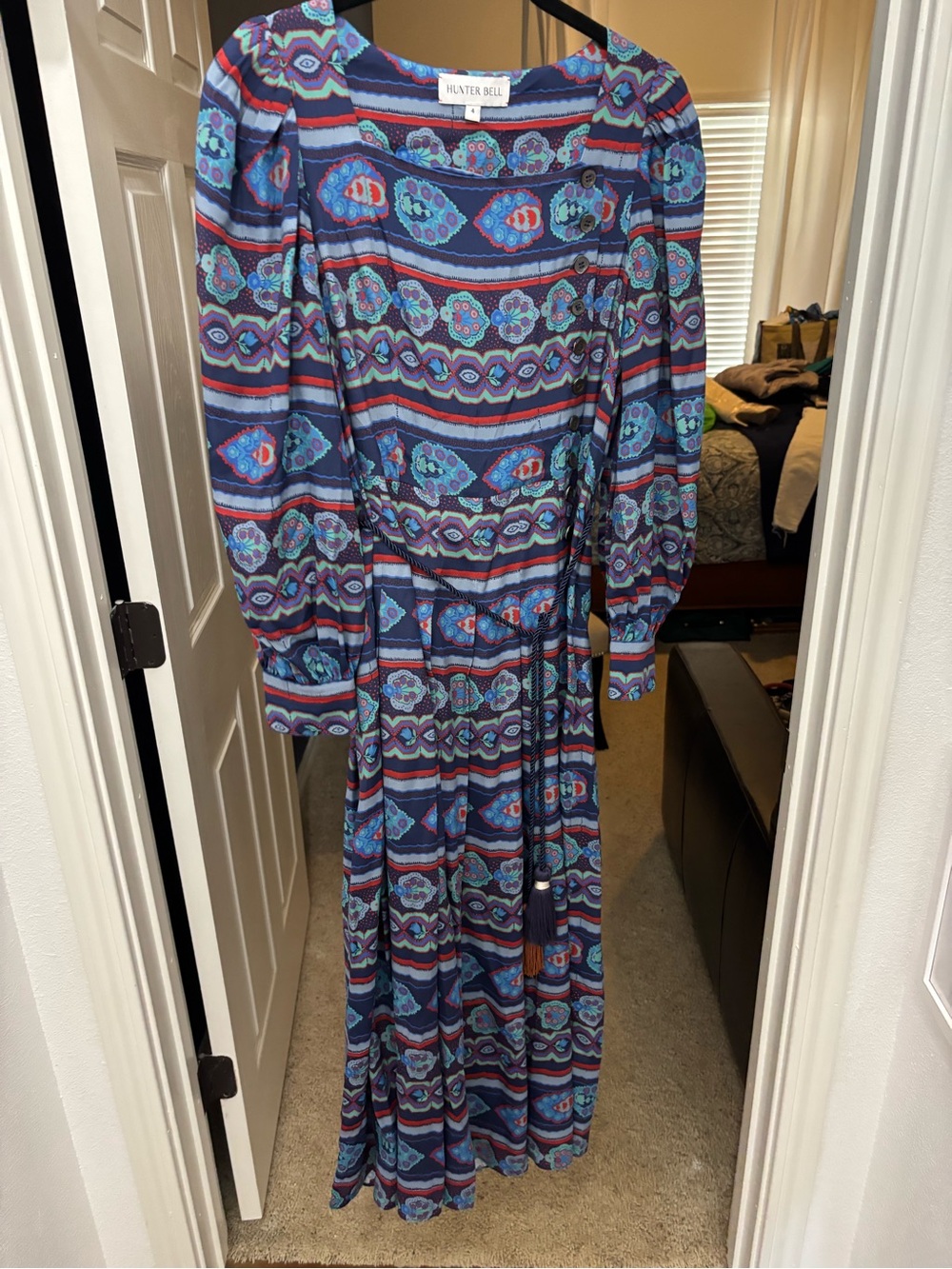 HUNTER BELL navy blue geometric print midi dress with aqua accents